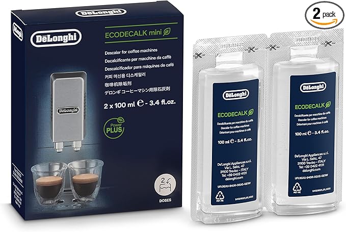 De'Longhi EcoDecalk Mini Descaler DLSC200, 2 Decalcification Doses, Coffee Machine Descaler, Coffee Machine Maintenance Accessory, Plant-Based Ingredients, 2x100ml, White