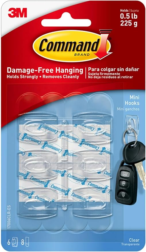 Command Decorating Hooks - Mini - Transparent - Multi Pack of 6 Hooks and 8 Strips for Indoor Use - Suitable for Hanging Items up to 225g - Great for Decorations and Light Weight Items