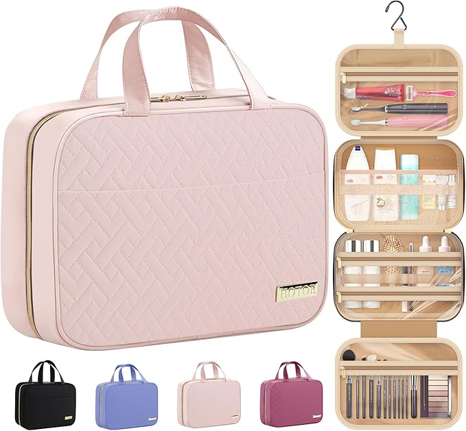 HOTOR Travel Toiletry Bag - Toiletry Bags for Women with Hanging Hook - Spacious Travel Bags for Women/Big Comparment, Makeup Bag Waterproof Travel Essentials, Pink, 28.4 x 22.6 x 8.1 cm