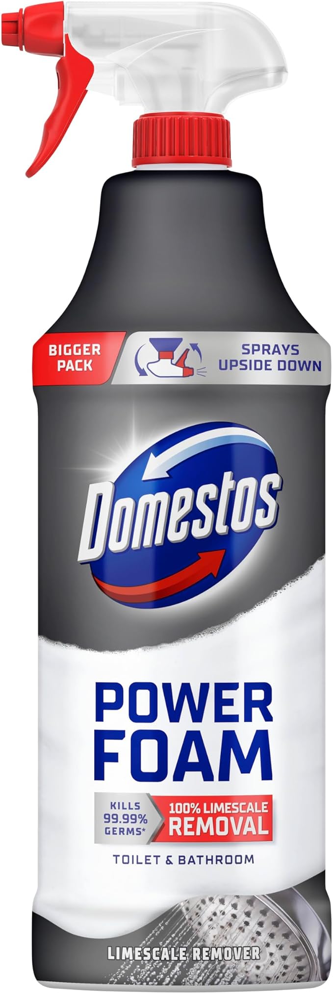 Domestos Power Foam Limescale Remover Toilet & Bathroom Cleaner Spray sprays upside down & eliminates 99.99% of germs* for 100% limescale removal inside the toilet & around the bathroom 650 ml