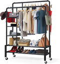Heavy Duty Clothes Rail on Wheels, 120KG Black Metal Rack With Double Hanging Clothing Rail, Shoe Rack, Storage Shelves & 4 Coat Hooks, Wardrobe Clothes Rails For Bedroom