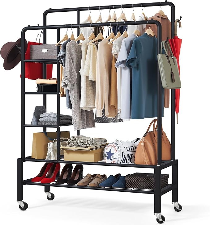 Heavy Duty Clothes Rail on Wheels, 120KG Black Metal Rack With Double Hanging Clothing Rail, Shoe Rack, Storage Shelves & 4 Coat Hooks, Wardrobe Clothes Rails For Bedroom