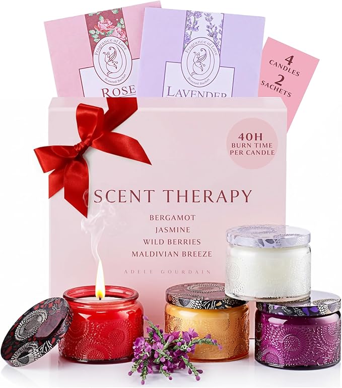 Scented Candle Valentine's Day Gift Set for Women | Soy Wax, 4 Jars, 160h Burn Time | Luxury Birthday Gifts for Her & Mum | Aromatherapy Home Fragrance Wellness Idea[Energy Class A]