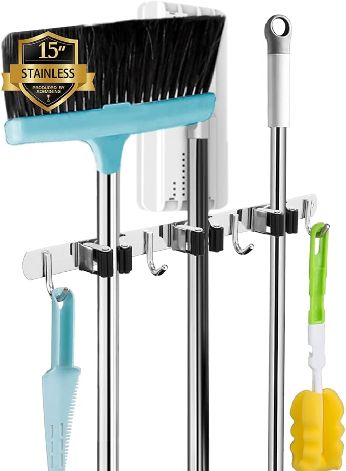 AceMining 3 Holders+4 Hooks 2 Pack Black Broom Holder Wall Mounted with Nails Installation, Heavy Duty Stainless Steel Mop Holder, Brush Mop and Broom Storage Self Adhesive