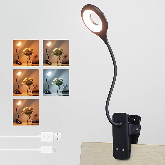 Akynite 3W Rechargeable Clip on Reading Lamp, Type C Charging, 5 Colour & 5 Brightness, Touch Control Bed Lamp Flexible, Dimmable Reading Light Clip on Desk Light Portable, Black[Energy Class A]