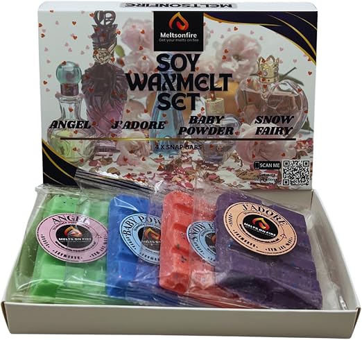Wax Melts – 4 X Snap Bars - (Angel, Baby Powder, J'Adore, Snow Fairy) – Scented Soy Wax Melts Vegan