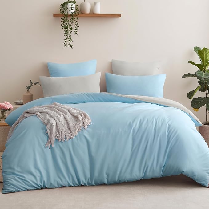 Aisbo Double Size Duvet Cover Set - 3Pcs Reversible Bedding Bed Set Light Blue and Beige Double Soft Brushed Microfiber Quilt Cover with 2 Pillowcases 50x75cm