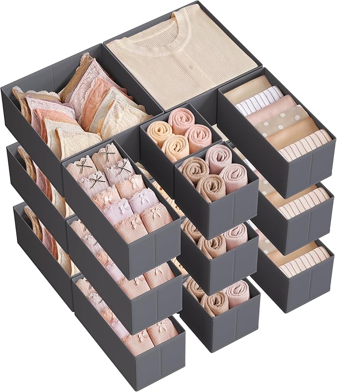 SONGMICS RDZ006G04 Storage Box for Drawer, Set of 18, Drawer Organiser, Folding Box, Underwear Organiser, Fabric Box for Socks, Underwear, Bras, Ties and Scarves, Slate Grey