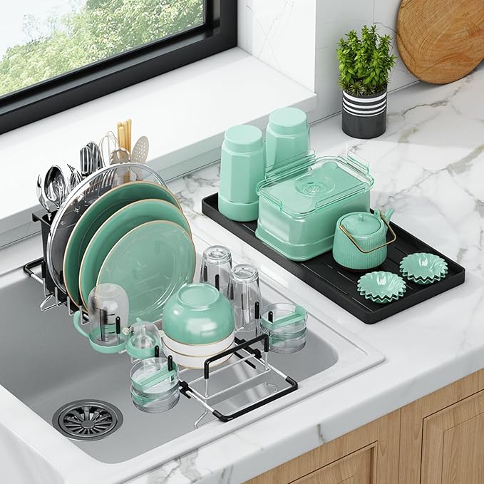 Dish Drying Rack, Expandable 304 Stainless Steel Rustproof Small Dish Sink Rack with Silicone Drying Tray, Over Sink Dish Drainer with Utensil Holder, Fit for 14’’-19’’ Kitchen Sink