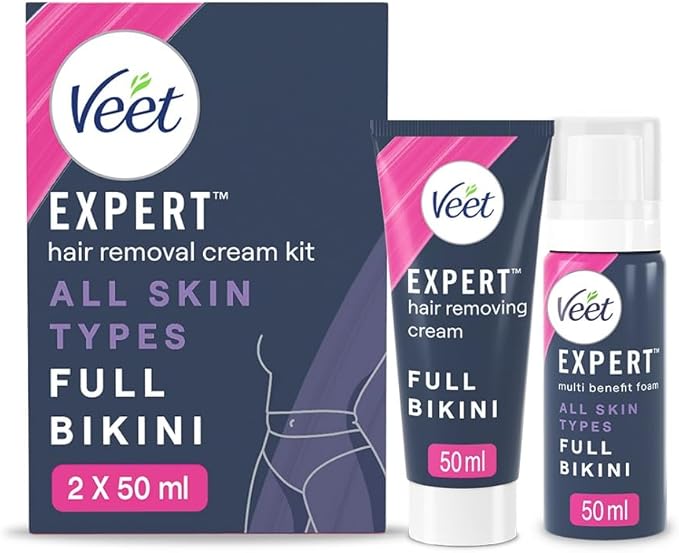Veet Expert Bikini Kit, 50ml Hair Removal Cream, 50ml Multi Benefit Foam, All Skin Types, For Full Pubic Area, Effective From 2 Mins, Works on Tougher Hair, 48 Hour Hydration
