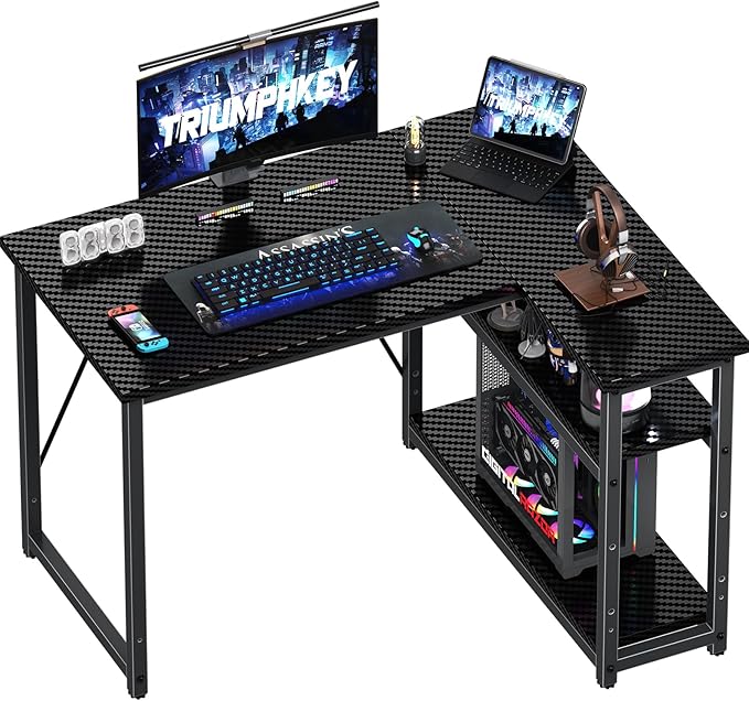 100 * 80cm L Shaped Gaming Desk with Reversible Large Storage Shelves, Computer Desk Workstation Matching Under Desk Height Adjustable Storage, Home Office, Carbon Fibre Black
