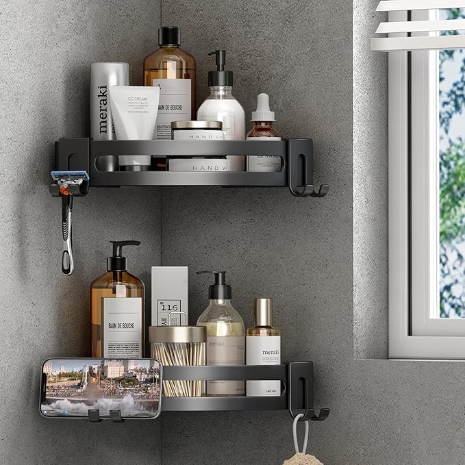 Voldra Corner Shower Caddy No Drilling, Shower Shelf Coner Adhesive Bathroom Corner Shelves with 4 Razor Hooks Corner Shelves No Drill Bathroom Organiser Storage Wall Mounted(2-Pack, Black)