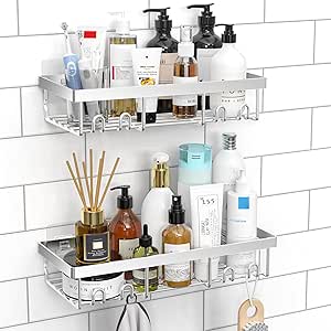 Shower Caddy Shelf Organiser 2 Pack, No Drill Silver Shower Shelves,Self Adhesive Bathroom Storage Accessories