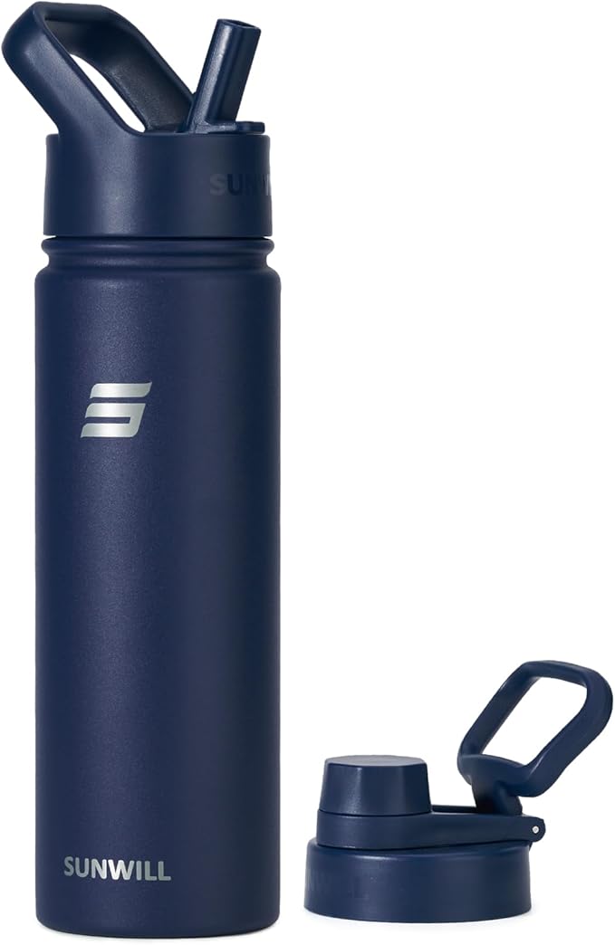 SUNWILL Stainless Steel Water Bottle with Straw, 650ml Insulated Water Bottle Metal, Leakproof Water Flask for Gym & Travel, Navy