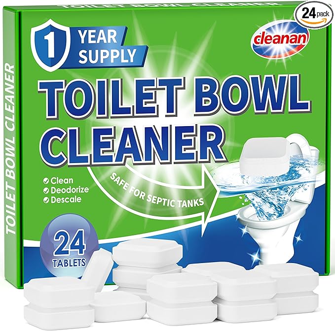 Toilet Bowl Cleaner Tablets, Leaves Bowl Sanitary, Freshens, Deodorizes, Descales & Repels Tough Stains, Helps Prevent Limescale Buildup, Safe for Septic Tanks, 24 Pack 1 Year Supply