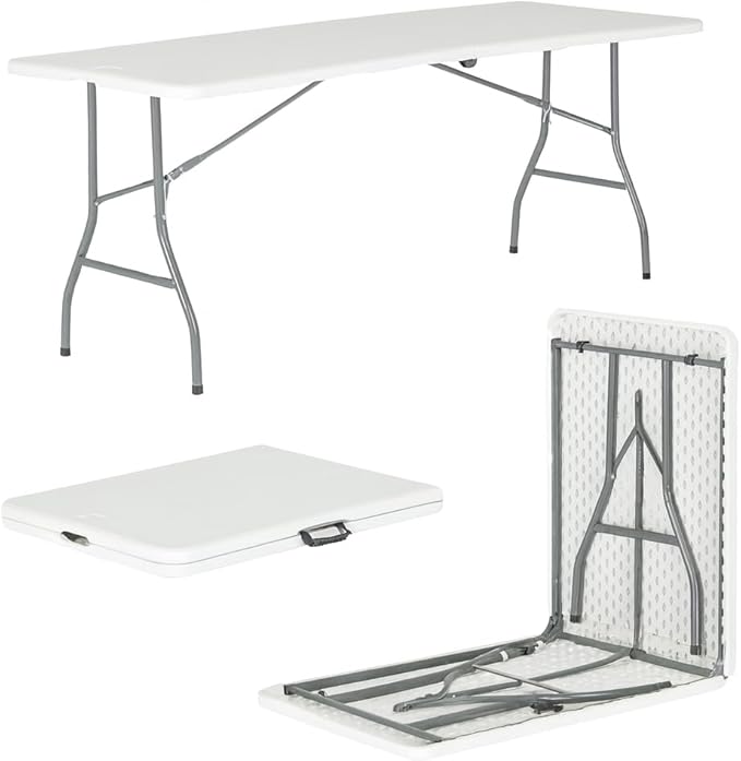 6ft Folding Trestle Table 180cm – Heavy Duty Portable Folding Table with Carry Handle for Catering, Picnic, Camping, Garden, BBQ, Parties & Events – Indoor/Outdoor Use (White)