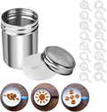 Chocolate Shaker Stainless Steel Duster Dredges Cans Coffee Sprinkles Powder Set Cocoa Cinnamon Powder Can with 16 Coffee Molds Stencils for Kitchen Baking Cooking Cappuccino Coffee Latte Coffee