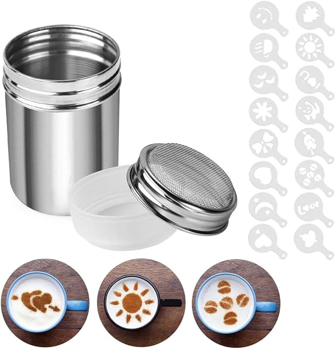 Chocolate Shaker Stainless Steel Duster Dredges Cans Coffee Sprinkles Powder Set Cocoa Cinnamon Powder Can with 16 Coffee Molds Stencils for Kitchen Baking Cooking Cappuccino Coffee Latte Coffee