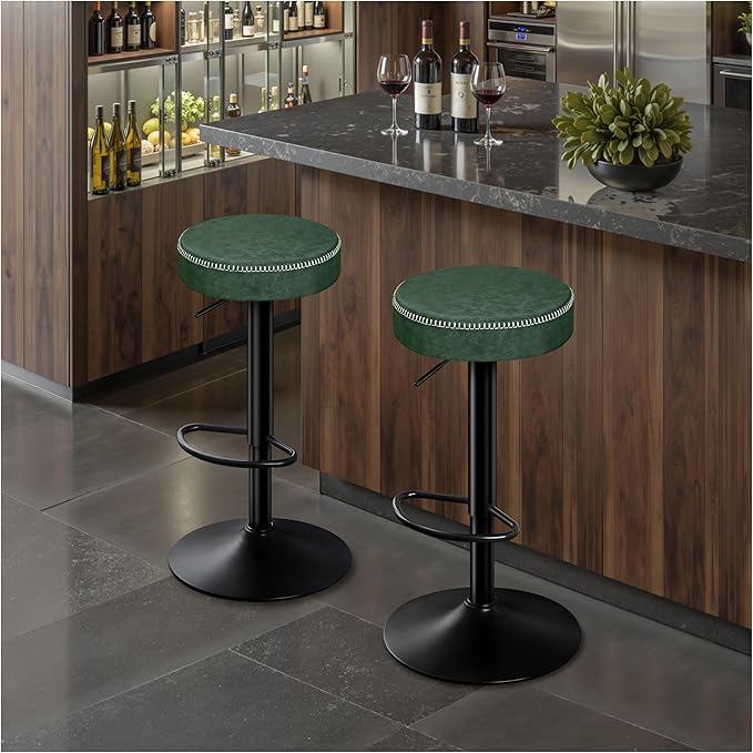 Breakfast Bar Stools Set of 2, Swivel Microfiber Leather Barstool with Footrest, Adjustable High Bar Chairs without Backrests, Industrial Kitchen Island Stools for Kitchen - Green