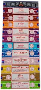 Satya Incense Set 12 x 15gram Includes: Nag, Super Hit, Oodh, Positive Vibes, Namaste, Champa, Opium, Reiki, Spiritual Healing, Karma, Traditional Ayurveda and Meditation, Packs