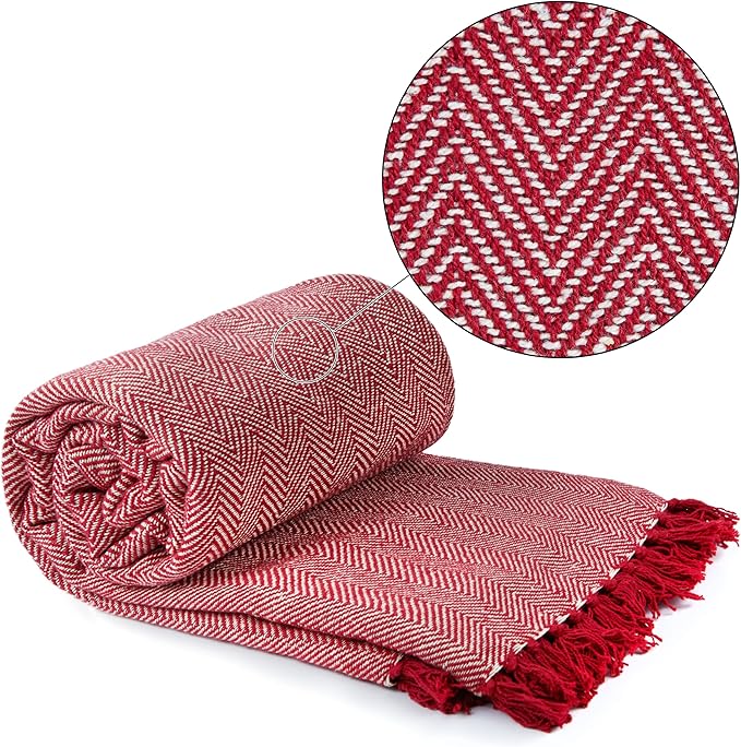 Emma Barclay Herringbone - Recycled Cotton Patterned Chair Sofa Setee Bed Throw Over Blanket in Red - 50x60 (127x152cm)
