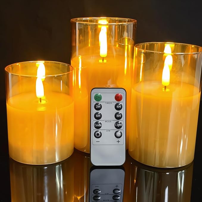 3D Wick Dancing LED Flickering Flameless Candles, Battery Operated Silver Gold Glass led Candles with Remote and Timer, 4 in, 5 in, 6 in, 3 Pack for Party,Wedding,Christams[Energy Class A+++]
