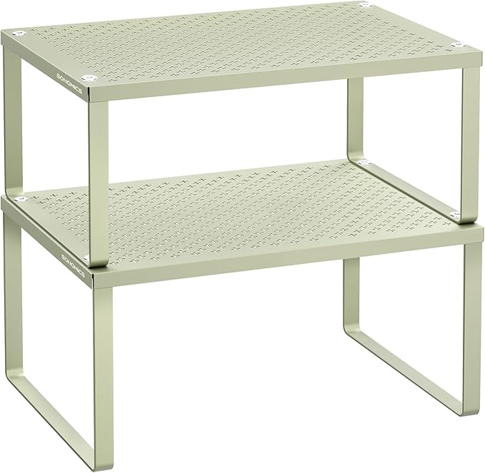 SONGMICS Spice Racks, Set of 2 Cupboard Organisers, Kitchen Storage, Stackable, Expandable, Metal Counter Shelves, Laurel Green KCS001C01