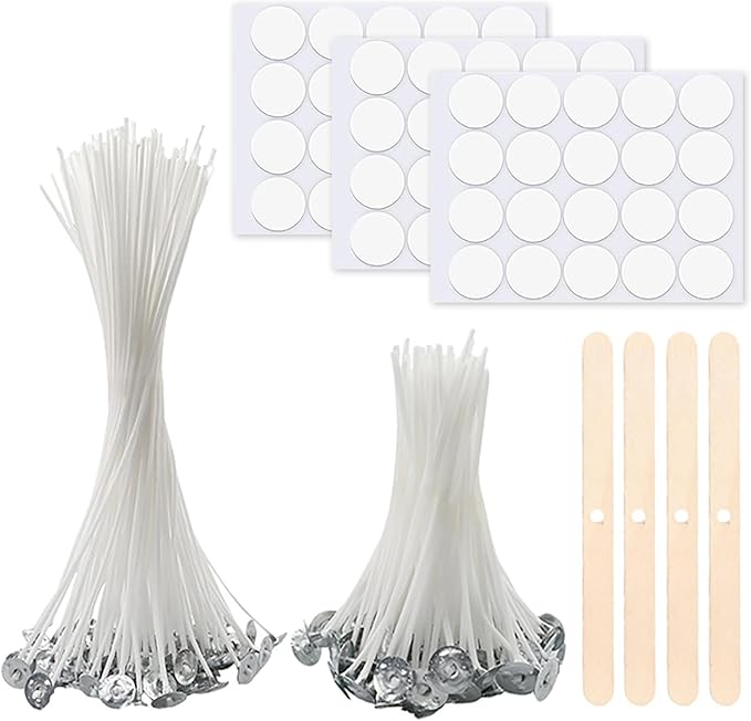 Candle Wicks for Making Candles, 50 Pcs 10cm/20cm Cotton Pre Waxed Candle Wicks with 4 Pcs Candle Wick Holders & 60 pcs Dot Stickers, for candle making Candle DIY