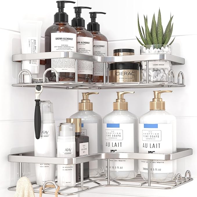 Kitsure Corner Shower Caddy - 2 Pack Rustproof Shower Organizer, Durable Shelf with Large Capacity, Drill-Free Adhesive Bathroom Shelves with 4 Movable Hooks, a Soap Holder, Large, Sliver