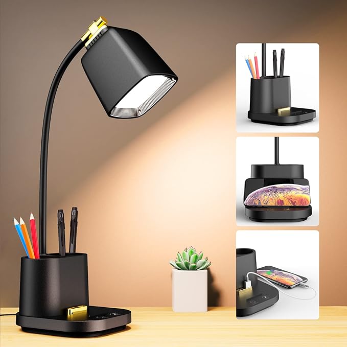 LED Desk Lamp with USB Charging Port Touch Control 3 Color Modes, Stepless Dimming,Eye-Caring LED Table Lamp for Home,Office,Bedroom,Reading,Work,Study, 5V, 2.4A[Energy Class G]