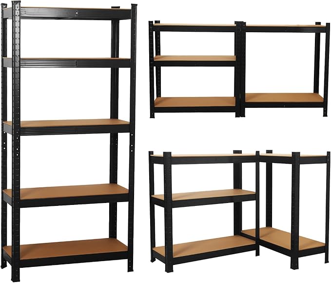 5 Tier Garage Shelves Metal Storage Shelving Heavy Duty Shed Storage Racking Unit Adjustable Boltless for Warehouse Workshop Office (Black, 90x40x180cm)
