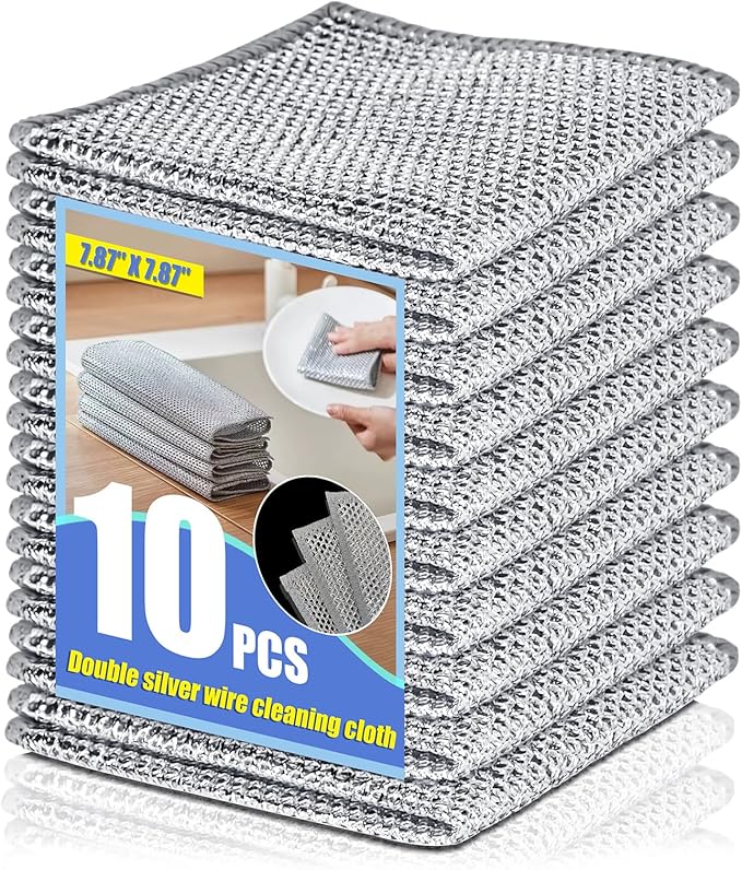 10 Pack 20x20cm Double-Layer Silver Mesh Dishcloths, Non-Scratch Wire Cleaning Cloth, Reusable Stainless Steel Cloth for Wet & Dry Kitchen Use (Dishes/Pots/Sinks)