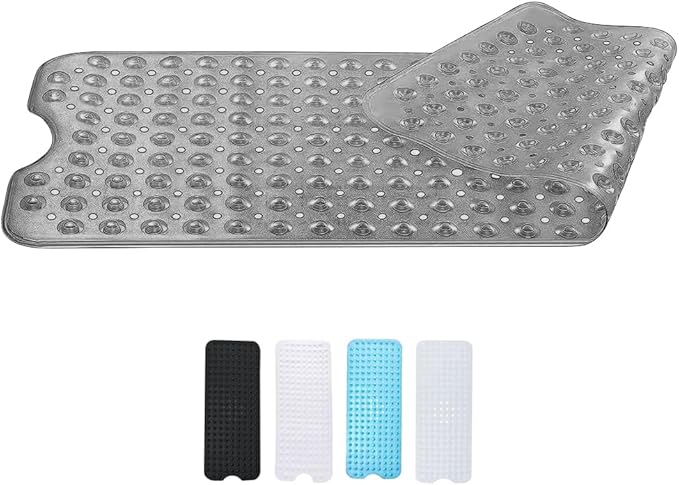 Zuvo -Extra Long Bath Mat (100 X 40 cm, Grey) - Shower Mat Non Slip Anti Mould, Machine Washable Rubber Shower Mat with Powerful Suction Cups for Kids and Elderly