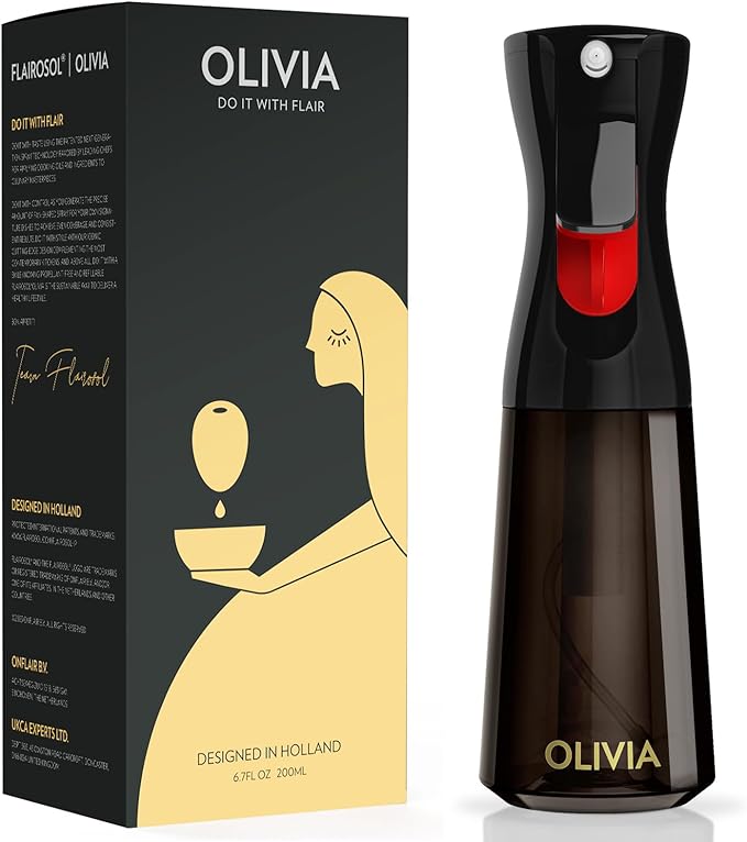 FLAIROSOL Olivia Oil Sprayer for Cooking, 200ml Glass Olive Oil Sprayer, Continuous Cooking Spray Dispenser with Portion Control for Kitchen, Air Fryer, Salad(Black Bottle, Gold Print)