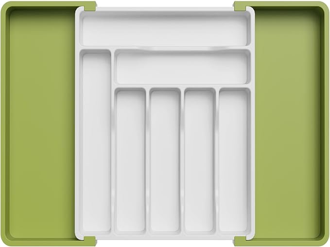 Lifewit Extendable Cutlery Drawer Organiser, Adjustable Cutlery Tray, Utensil Holder for Forks, Spoons, Knives, Plastic Kitchen Organiser and Storage, 9 Compartment, 33-57 x 38cm, Green& White
