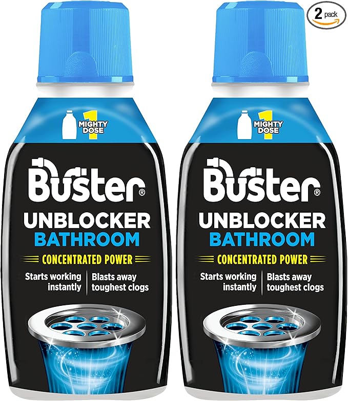Buster Bathroom Drain Unblocker (Pack of 2 x 300ml) Fast-Acting Sink Unblocker Dissolves Hair, Sludge and Soap, Drain Cleaner Clears Blockages in Shower, Bath and Bathroom Sink Pipes - Made in UK