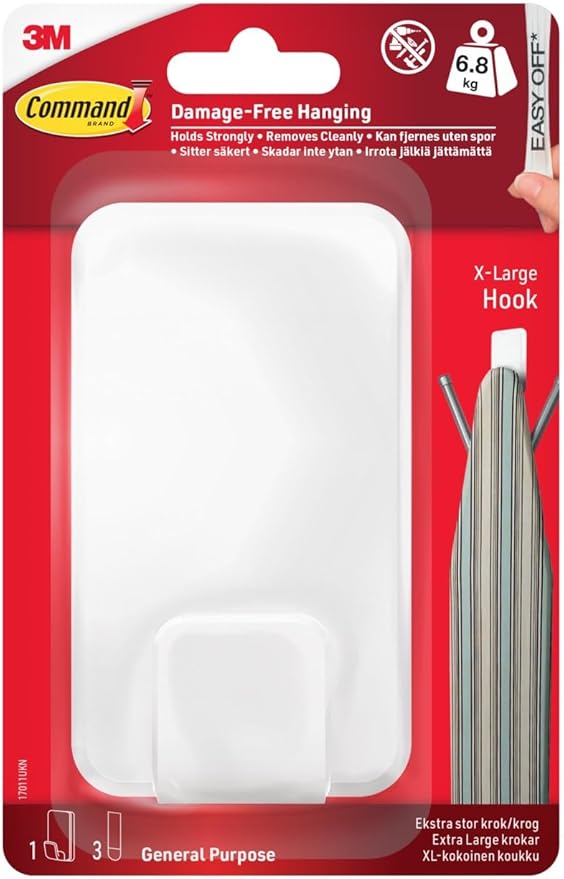 Command Utility Hook, X-Large for Heavyweight - 1 Hook in White and 3 Adhesive Strips for Indoor and Other Items up to 6.8 kg - No Nails, No Holes, No Drilling