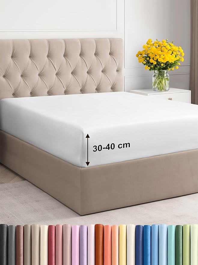 King Fitted Bed Sheet – Extra Deep Pocket – Fits Mattress up to 40cm (16") – Soft Brushed Microfiber – OEKO-TEX Certified – Shrinkage and Fade Resistant – Bottom Sheet, White Colour, 150 x 200cm