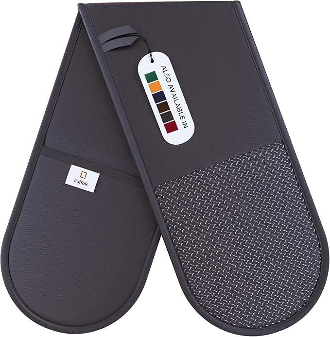 Grey Oven Gloves by Laffair - Charcoal Double Oven Gloves Grey Non-Slip Silicone Grip - Maximum Heat Protection