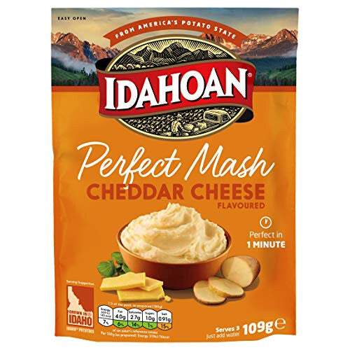 Idahoan Potato Mash, Gluten Free, Vegetarian, Cooks in 1 Minute, Pantry Food, Cheddar Cheese Bulk, 109 g (Pack of 12)