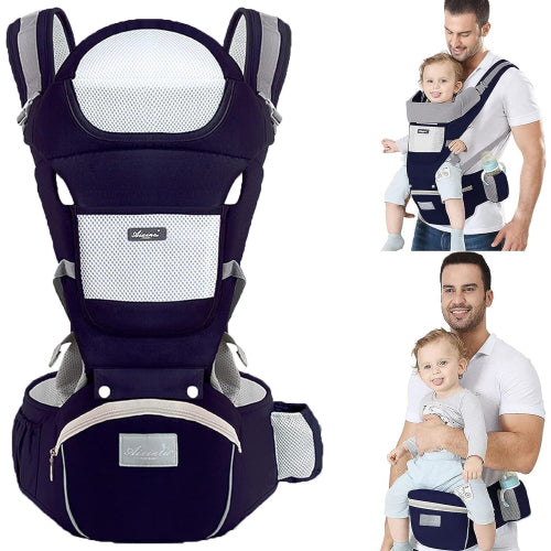 (Plus Size Dark Blue) Multi-functional baby carrier, ergonomic, 6 ways to carry in one, adjustable, with hip seat, for newborn to toddler 0-36 months (3 to 30 kg) (grey)