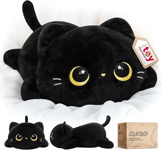 Mewaii Cute Black Cat Plush Pillow, Kawaii Plushies Black Cat Stuffed Animals, Squishy Plushies, Cuddle Plush Pillow for Kids & Girls