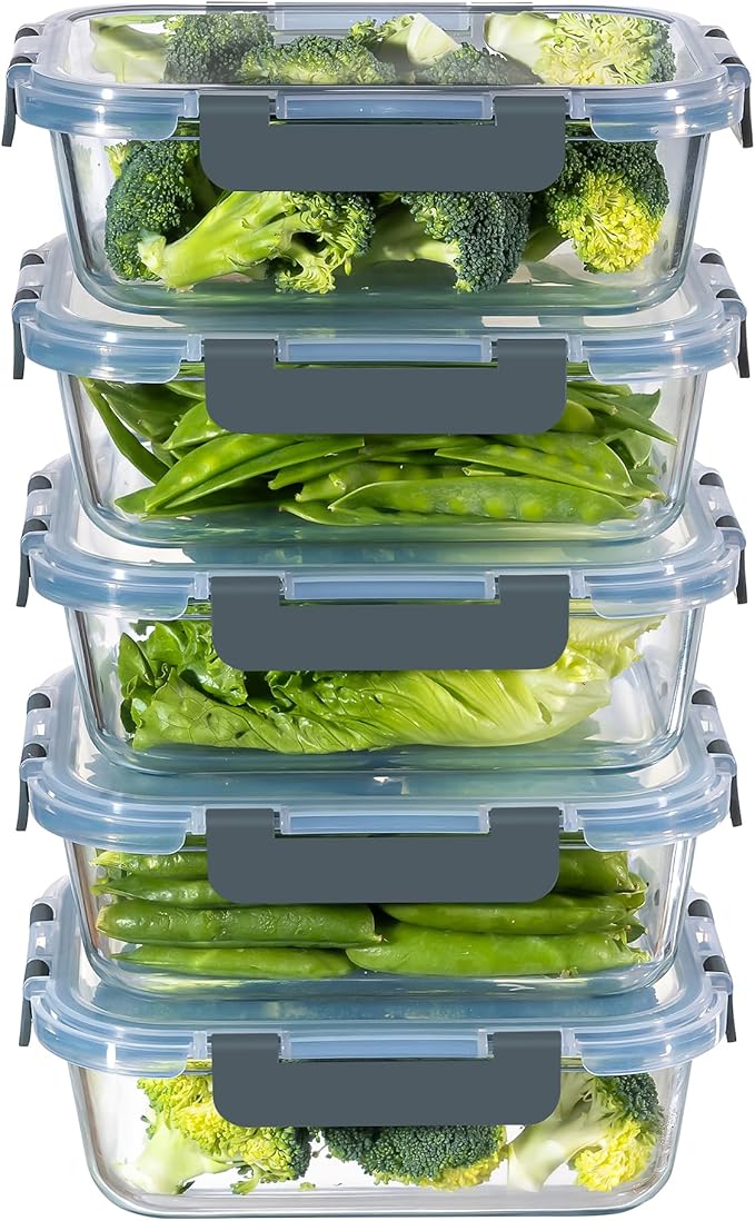 MFY 5 Pack 36oz Glass Containers with Lids, Reusable Meal Prep Containers, Airtight Glass Food Storage Containers with Lids, BPA-free, Microwave, Oven, Freezer & Dishwasher Safe, Gray