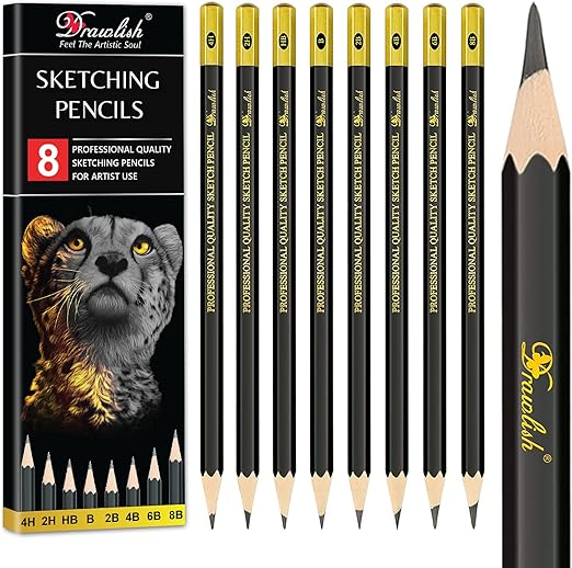 Sketching Pencils Set of 8 - B, 2B, 4B, 6B, 8B, HB, 2H, 4H - Drawing Pencils with Graphite Lead & Premium Wood are Ideal for Sketching, Shading & Doodling - For Beginners & Professionals