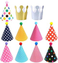 11PCS Birthday Party Cone Hats - Pom Poms,Lovely Cake Cone Birthday Paper Hats,Lovely Crown,For Children and Adults (9 hats and 2 crowns)