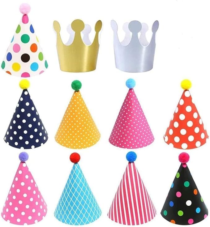 11PCS Birthday Party Cone Hats - Pom Poms,Lovely Cake Cone Birthday Paper Hats,Lovely Crown,For Children and Adults (9 hats and 2 crowns)