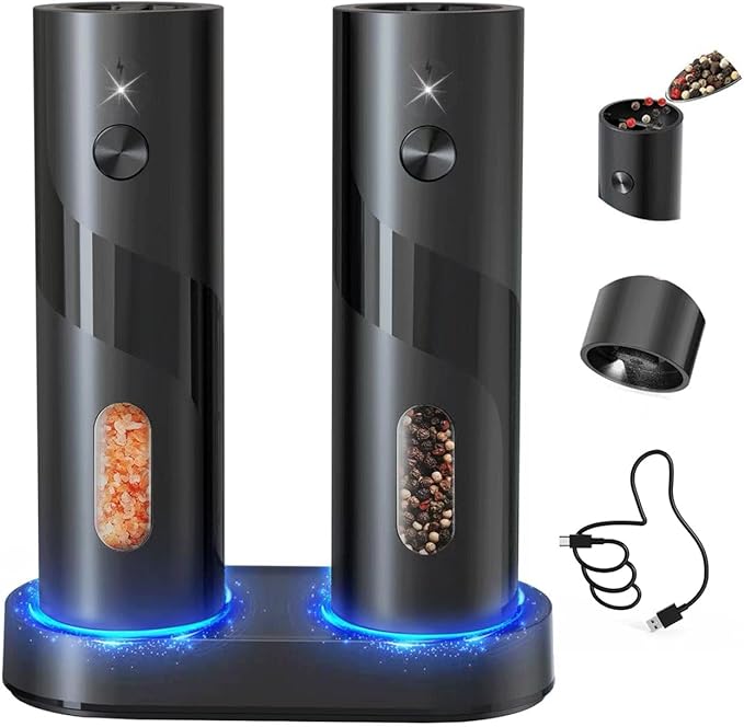 CIRCLE JOY Rechargeable Electric Salt and Pepper Grinder Set Automatic Pepper Mill Grinders with Charging Base, Adjustable Coarseness, 110ml Capacity and White LED Light, Black