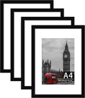 4 Pack A4 Black Picture Frame, Engineered Wood and Plexiglass, A4 Frame with Mount for A5 Prints, Photos, and Posters, Tabletop and Wall Mountable