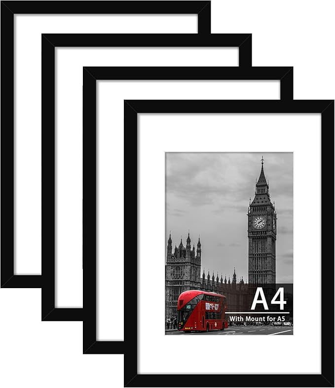 4 Pack A4 Black Picture Frame, Engineered Wood and Plexiglass, A4 Frame with Mount for A5 Prints, Photos, and Posters, Tabletop and Wall Mountable