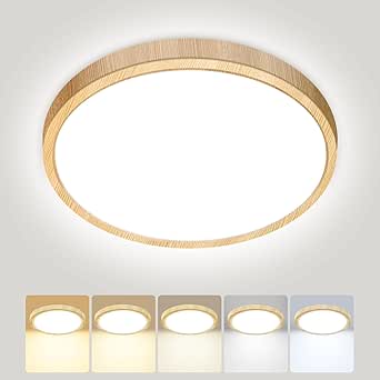 Peasur Bathroom Light, 3000K/3500K/4000K/5000K/6500K 5 Color Temperature LED Ceiling Light, 15W 1500LM, IP54 Waterproof, Round, Small, Modern, Flush Ceiling Light for Bathroom, Kitchen, Bedroom, Wood